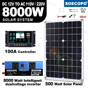 8000W Off-Grid Solar Generator Kit DC12V/24V to 110V/220V Inverter 100A Controller 500W Panel for Home/RV Camping - CE Certified